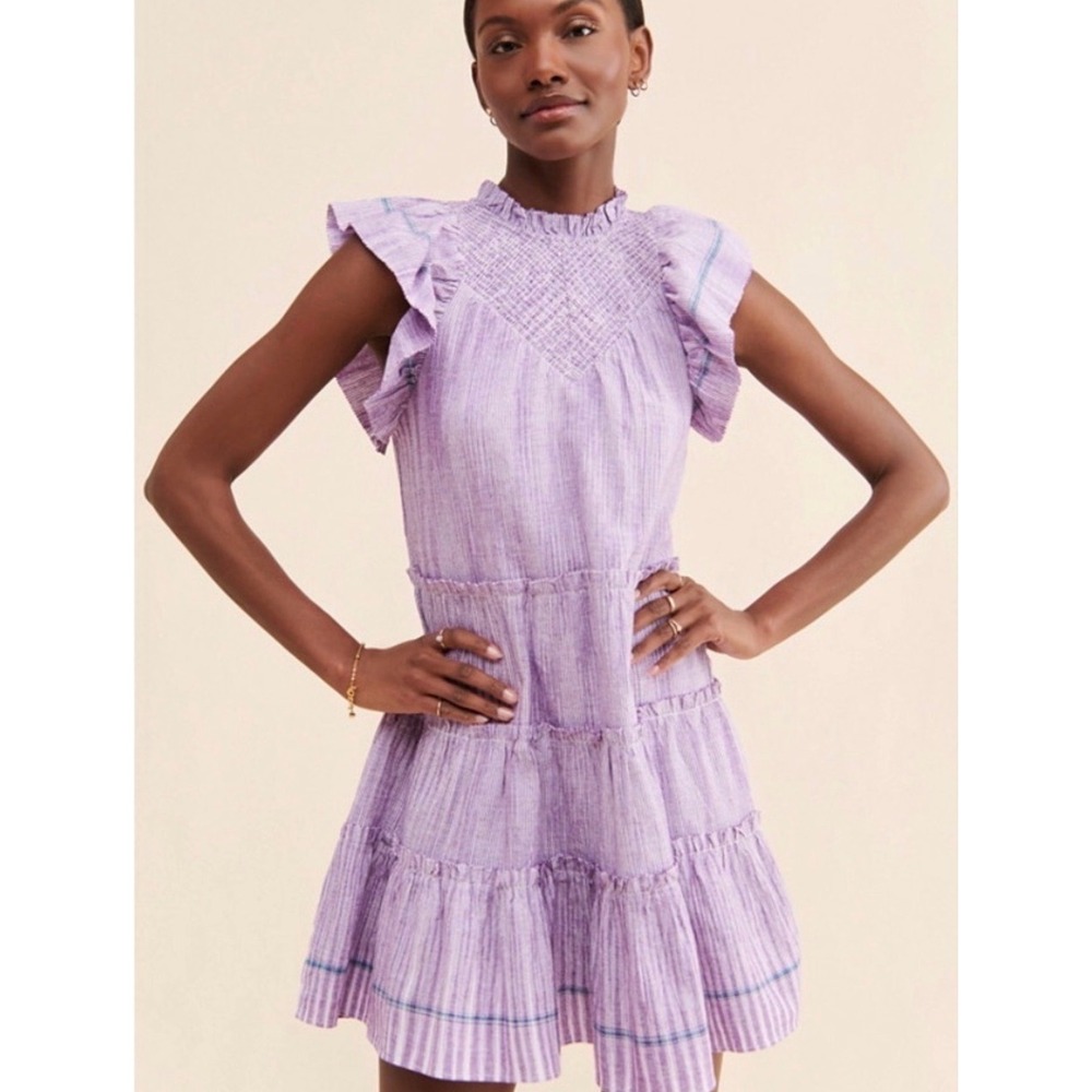 Saylor Amalia Flutter Ruffle Sleeve Mini Dress Purple Striped Cotton Small S